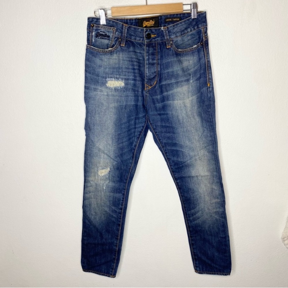 Superdry Biker Edition Brand Loose Taper Blue Jeans Distressed Denim 31